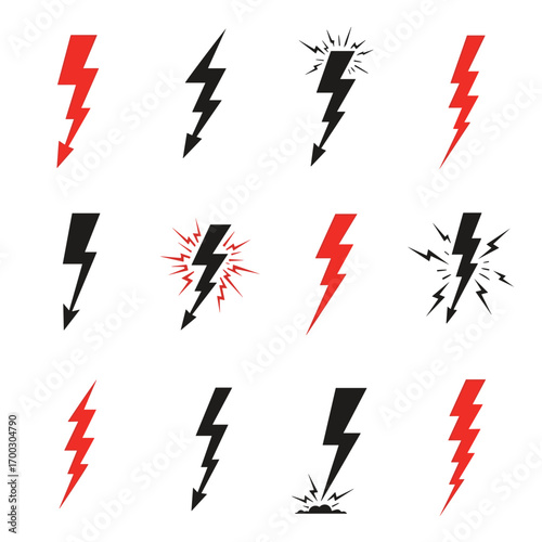 Collection of diverse lightning bolt symbols representing energy power and danger