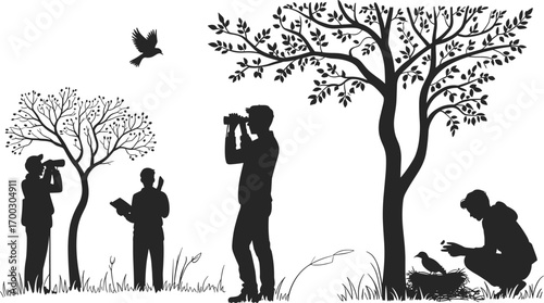 Birdwatchers observing wildlife, nature enthusiasts in forest, people watching birds, outdoor wildlife study, ornithology activity, bird watching in natural 