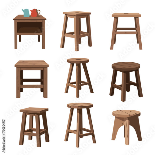 Collection of rustic wooden stools and side table with pitchers for home decor ideas