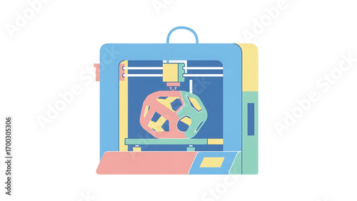 3D printer creates colorful geometric shape inside a workshop, showcasing innovation and modern technology in a bright, optimistic scene.