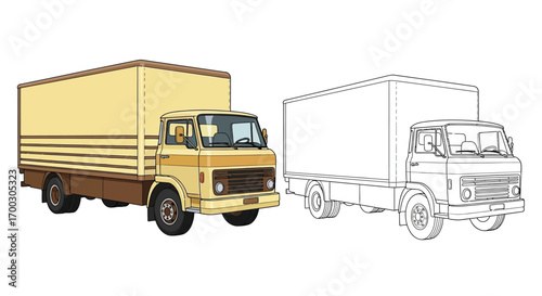 Unique Boxy 1970s European Moving Truck Coloring Page with Dual Version Layout