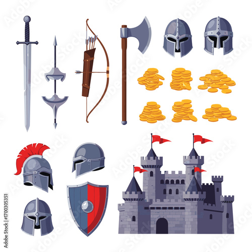 Medieval warfare armory and fortress collection featuring swords shields helmets axes and a majestic castle