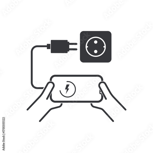 Isolated pictogram showing mobile phone gaming while charging, symbol of bad habit, risk of health issues and gadget damage caution.