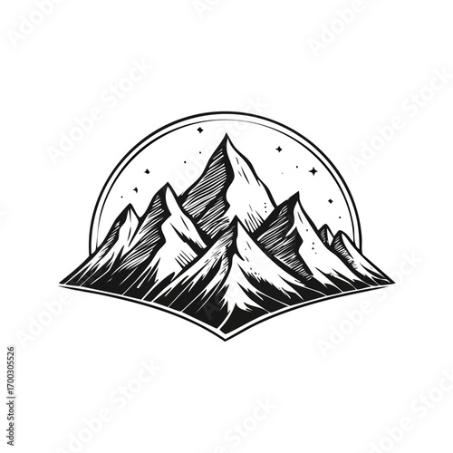 Beautiful mountain landscape illustration, black and white color style, flat vector style, scenic alpine view, nature background, outdoor adventure design