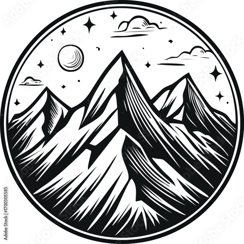 Beautiful mountain landscape illustration, black and white color style, flat vector style, scenic alpine view, nature background, outdoor adventure design