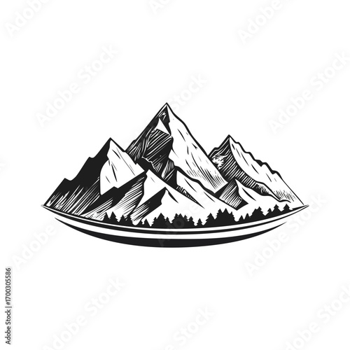 Beautiful mountain landscape illustration, black and white color style, flat vector style, scenic alpine view, nature background, outdoor adventure design