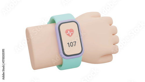 Cartoon hand wearing a smartwatch displaying a heart rate of 107 against a white backdrop, symbolizing health monitoring and modern technology.