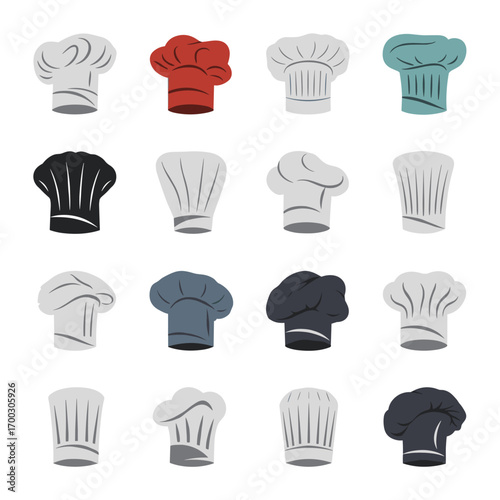 Collection of chef hats in various colors and styles representing culinary professionals and their uniforms