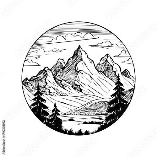 Beautiful mountain landscape illustration, black and white color style, flat vector style, scenic alpine view, nature background, outdoor adventure design