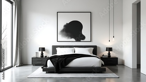 Modern minimalist bedroom with black and white abstract art above the bed and large windows