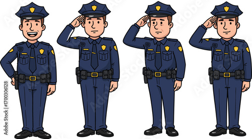 Cartoon police officers in uniform, saluting characters, law enforcement team, public safety illustration, patrol pose, authority, badge, gesture