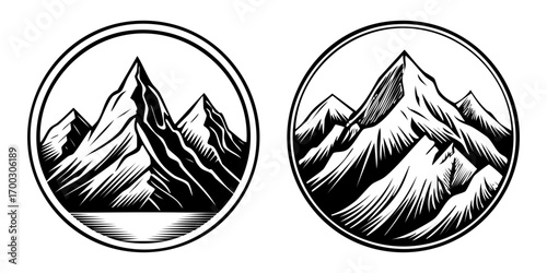 Beautiful mountain landscape illustration, black and white color style, flat vector style, scenic alpine view, nature background, outdoor adventure design
