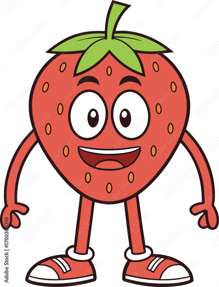 Fototapeta premium Smiling strawberry character with arms and legs cartoon