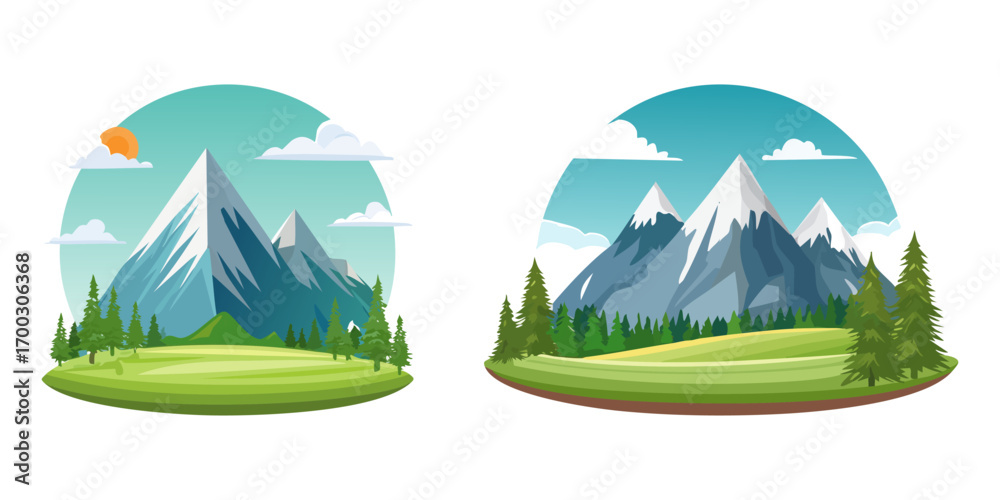 Obraz premium Beautiful mountain landscape illustration, snow capped peaks, green forest with pine trees, grassy meadow, blue sky with clouds, flat vector style, scenic alpine view, nature background, outdoor adven