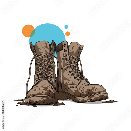 Rugged work boots covered in mud after an outdoor adventure