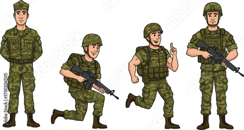 Cartoon soldiers in camouflage uniform, military men with rifles, tactical poses, combat-ready stance, army character illustration, defense concept