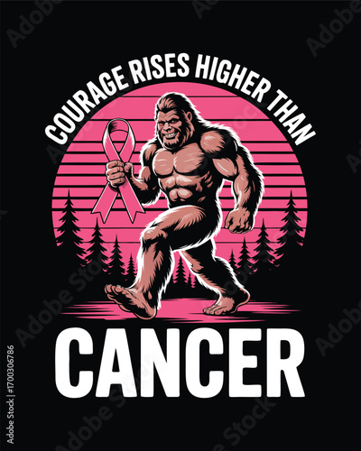 Bigfoot holding a pink ribbon for cancer awareness art