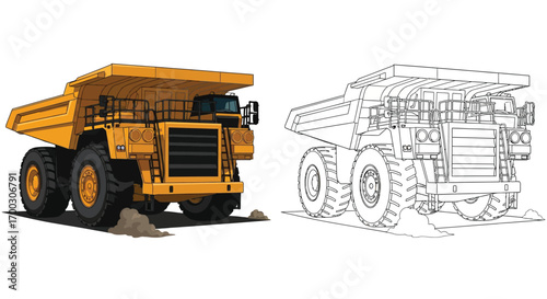 Massive Heavy Duty Mining Truck Coloring Page with Full and Outline Design Options