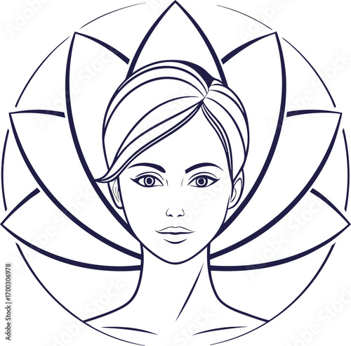 Woman face with lotus flower outline drawing illustration