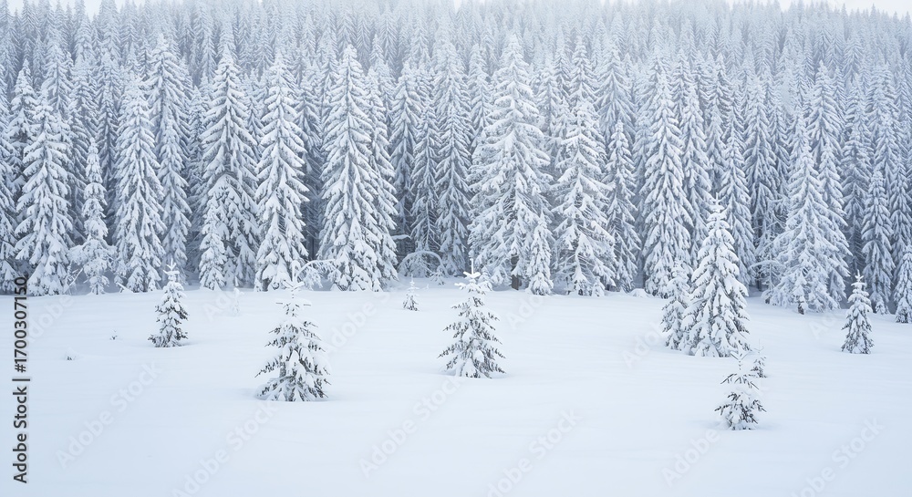 Fototapeta premium A Serene Winter Landscape: Snowy Pine Forest with Individual Trees in a Thick Blanket of White Snow, Fog and Mist in the Background, Nature Photography