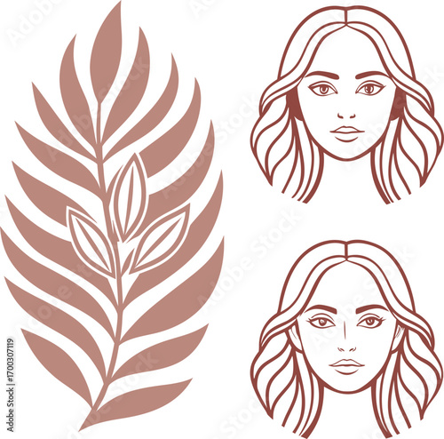 Woman faces and botanical leaf illustration portrait