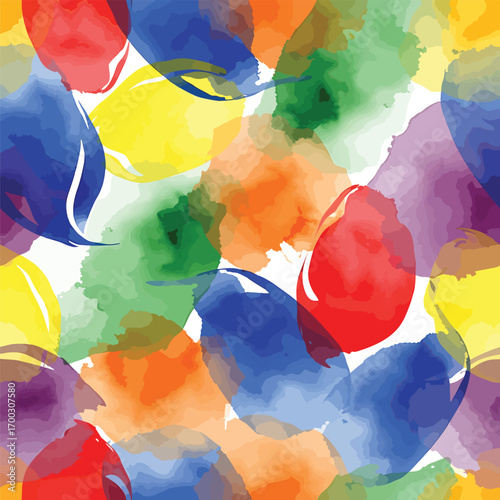 Colorful watercolor splash pattern with vibrant hues and abstract shapes design, seamless pattern, royalty stock.