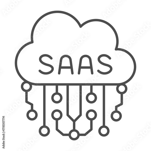 Cloud with pin connections thin line icon, financial tech concept. Vector graphics. SAAS marketplace for sales, technology sign on white background, outline style icon for mobile or web design.
