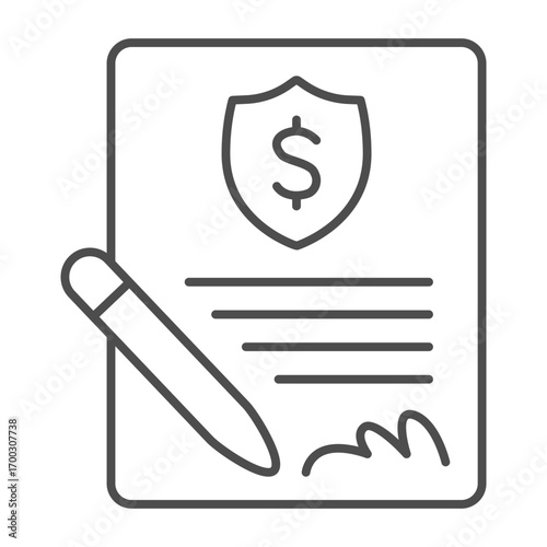 Hand signed document with bank emblem thin line icon, financial tech concept. Vector graphics. Contract paper, signature sign on white background, outline style icon for mobile or web design.