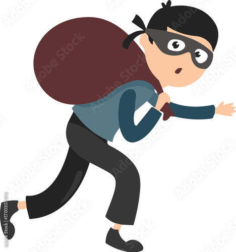 Cartoon thief carrying bag, masked burglar in action, stealthy criminal, robbery scene, running with sack, crime concept illustration
