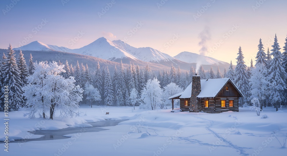 Fototapeta premium Serene Winter Landscape Featuring a Cozy Log Cabin with Lit Windows, Snowy Mountains, and Frosty Trees, Evoking Peace and Solitude