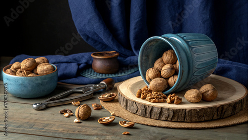 Delicious whole walnuts and cracked kernels artfully arranged with a vintage nutcracker on rustic wood, evoking natural wholesome goodness and culinary preparation.