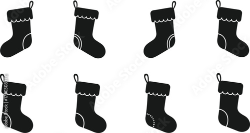 Black Christmas stockings vector set with assorted heel and toe patch designs, festive holiday decoration elements for seasonal winter celebration artwork