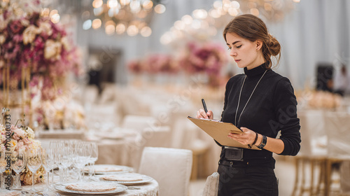 Event planner overseeing table settings in a grand banquet hall, checking arrangements. Professional and focused, ensuring every detail is perfect.