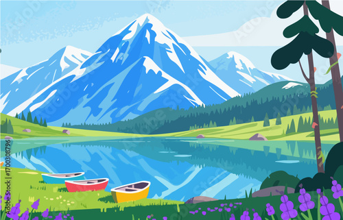 Graphic illustration style, landscape image, vector image	