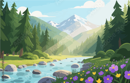 Graphic illustration style, landscape image, vector image	