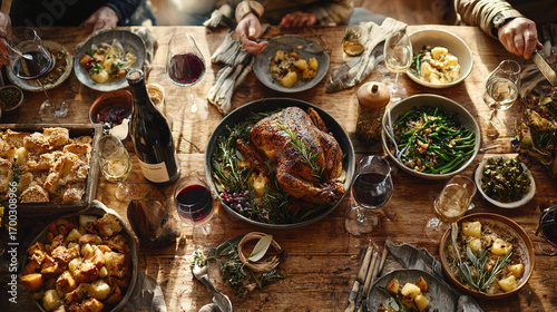 Festive Holiday Feast: A rustic wooden table laden with roasted poultry, autumnal side dishes, and wine glasses, shared among friends during a celebration.