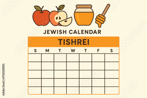 Vector calendar layout with apples, honey and jar, themed for Tishrei month and Rosh Hashanah, flat clean vector illustration.