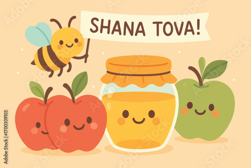 Cute vector illustration with apples, honey jar and bee holding Shana Tova sign, perfect for Rosh Hashanah celebration designs.