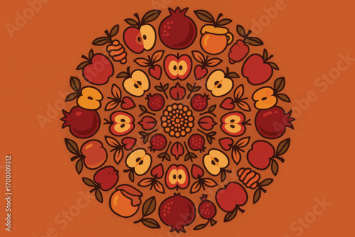 Mandala style vector artwork with apples, pomegranates and honey elements arranged in circular decorative symmetry for Rosh Hashanah.