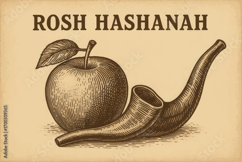 Vintage vector etching style design of apple and shofar with Rosh Hashanah title, ideal for traditional holiday illustrations.