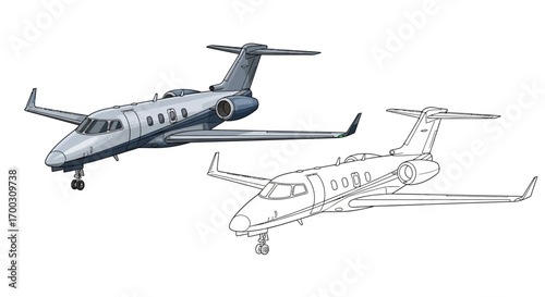 Twin Engine Jet Coloring Page with Colored and Outline Designs for Aviation Lovers