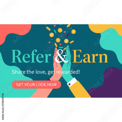 Exciting referral program offers lucrative rewards, empowering users to share and earn valuable prizes with vibrant graphics and a clear call to action for instant participation and growth.
