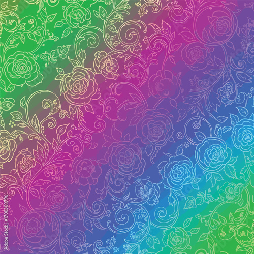 Colorful floral pattern with roses and swirls in rainbow hues background, seamless pattern, Stock royalty free image.