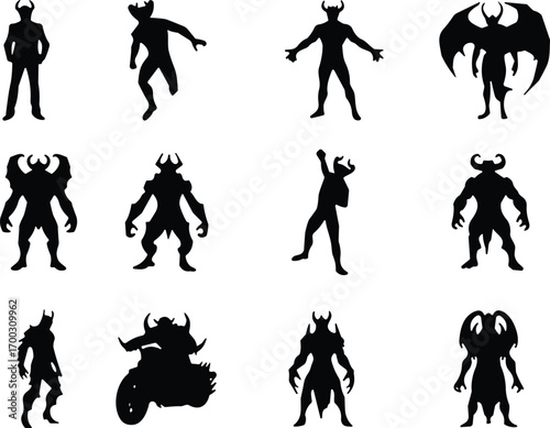 Demon silhouette collection, black fantasy creature icons, monstrous poses, vector illustration, horror design, supernatural figure, beast, dark character