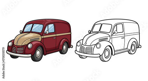 Vintage Delivery Van and Line Art Coloring Sheet with Dual Printable Design