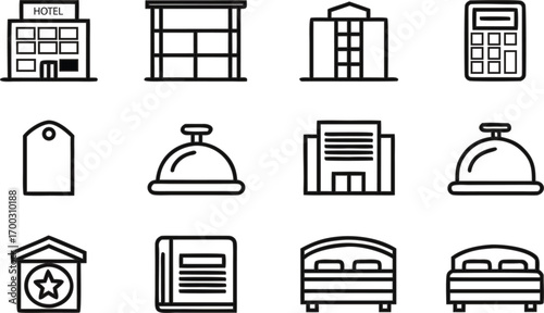 Hotel services line icons set collection of linear symbols of hotel, reception, room service, booking, and other hotel services