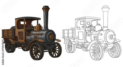 Vintage Steam Powered Freight Truck Coloring Page for Kids and Adults