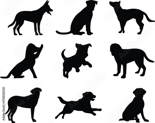Dog Silhouettes, Pet Icons, Canine Breeds, Sitting, Standing, Running, Jumping, Black Vector, Animal, Guard, Puppy, Companion, Design