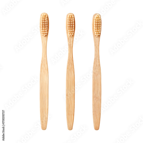 Three Bamboo Toothbrushes Parallel on Transparent Background