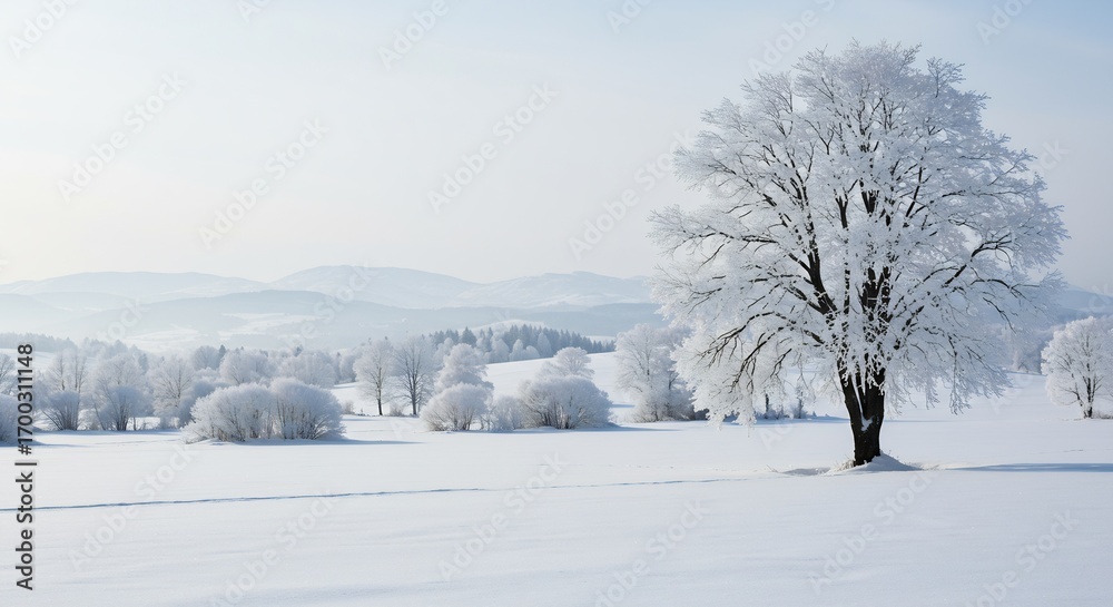 Obraz premium Winter Wonderland Landscape: A Majestic Tree Adorned with Hoarfrost Standing Proudly in a Snow-Covered Field with a Misty Mountain Backdrop
